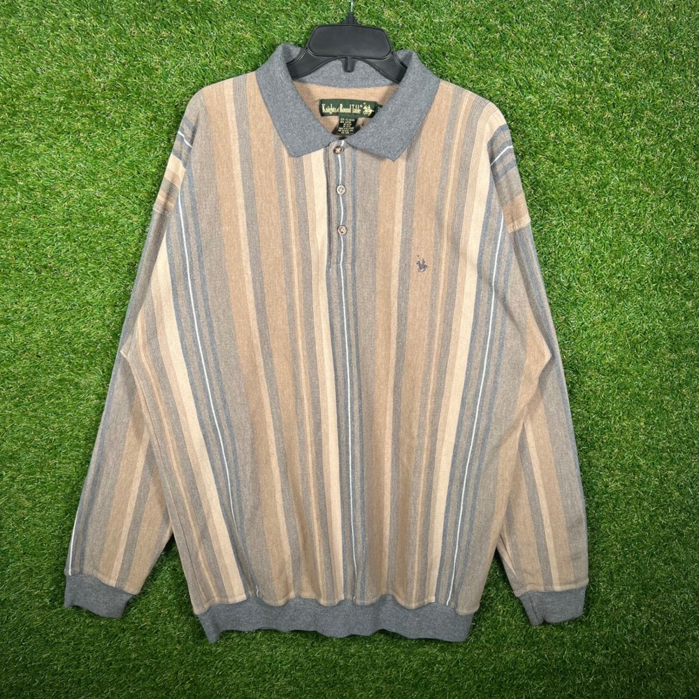 Knights of Round Table Mens 2XLT Striped Long Sleeve Polo Shirt Tan Grey